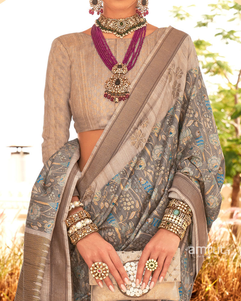 Grey with Light Brown Border Printed Saree and Unstitched Blouse 03