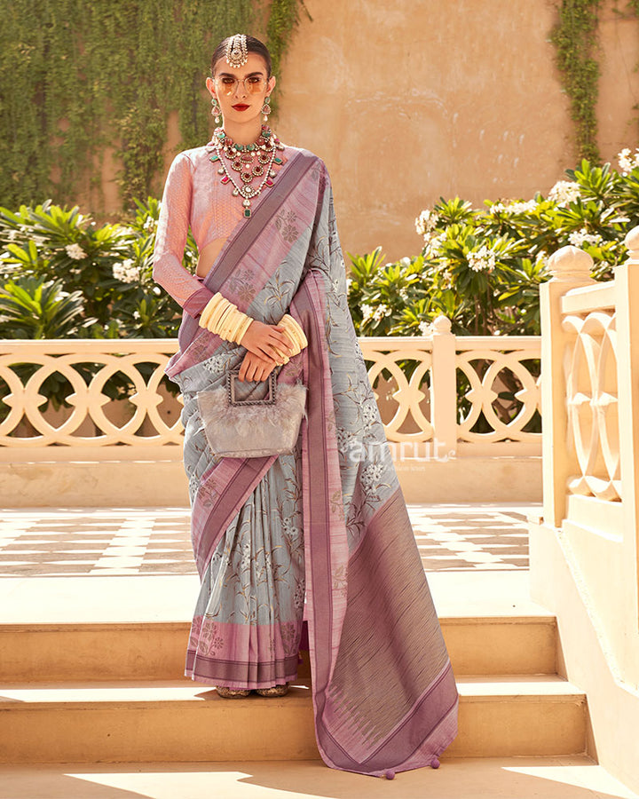 Grey with Pink Border Printed Saree and Unstitched Blouse 01