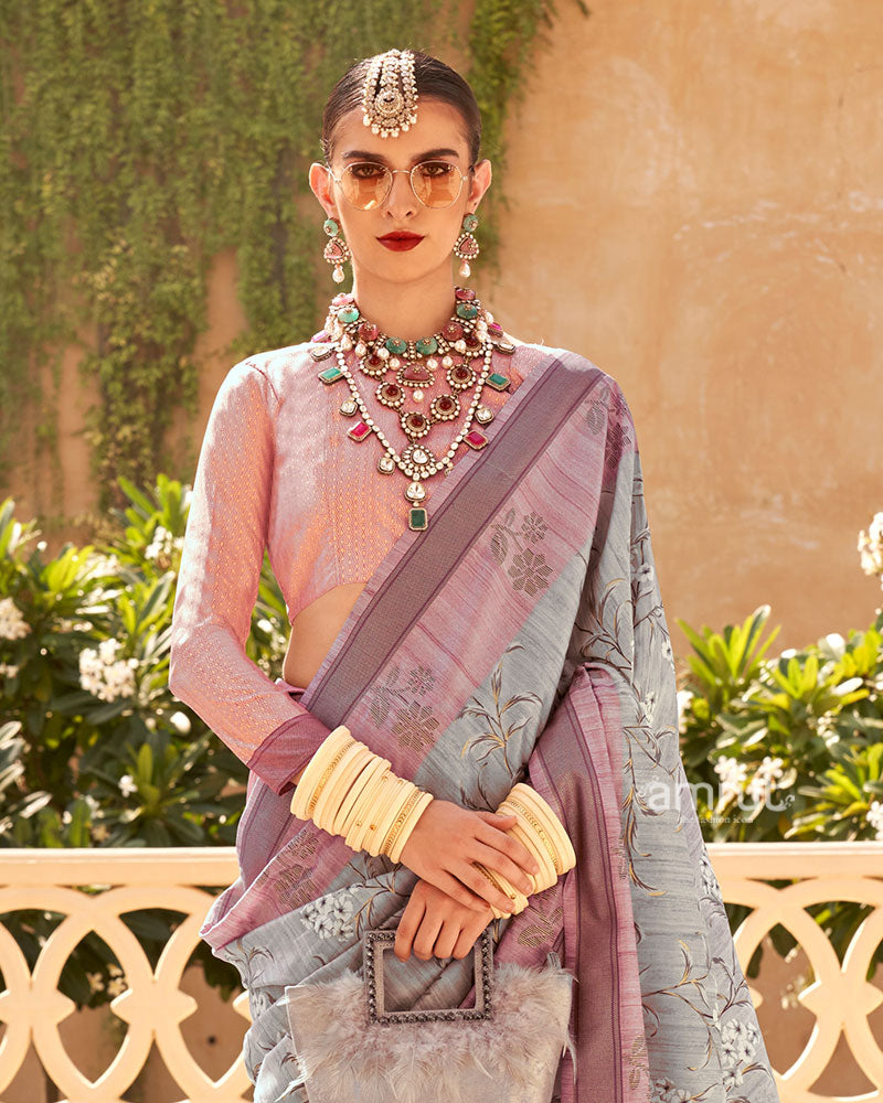 Grey with Pink Border Printed Saree and Unstitched Blouse 02