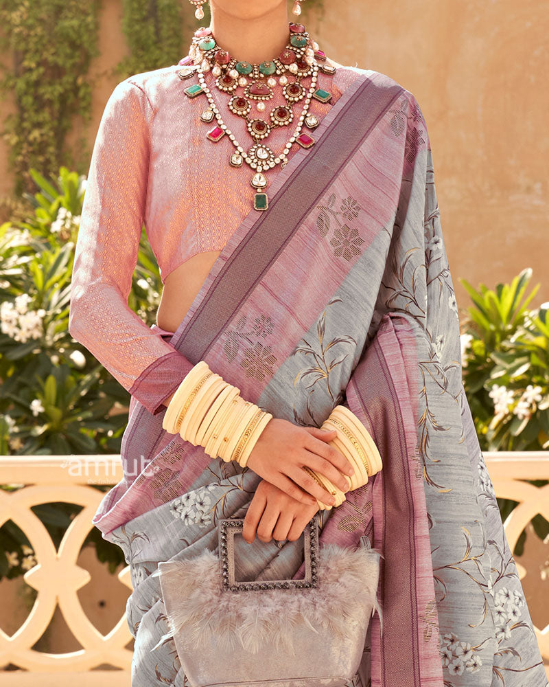 Grey with Pink Border Printed Saree and Unstitched Blouse 03