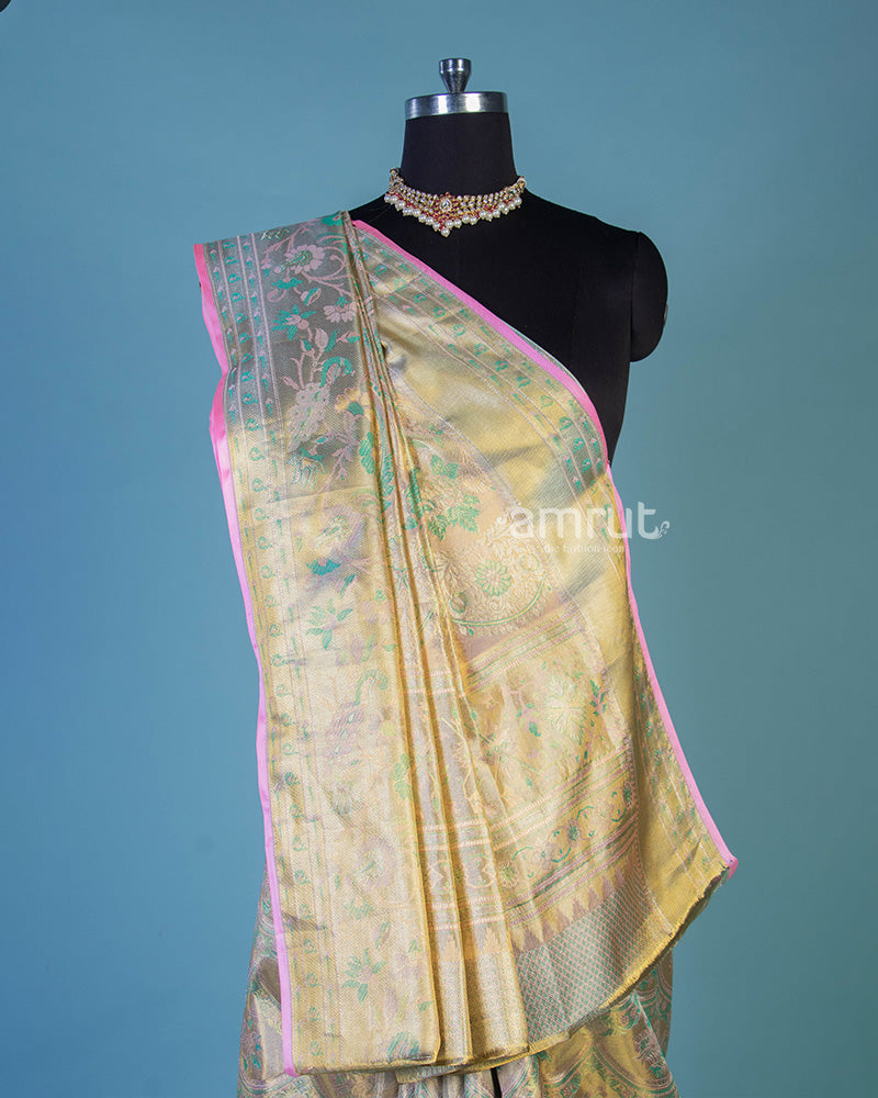 Hand Work Banarasi Silk Cream Saree with Unstitch Blouse Piece