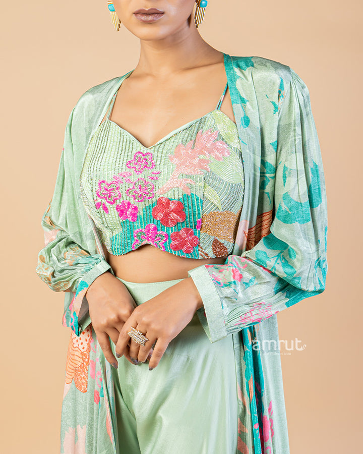 Hazel Green Satin Silk Crop Top Palazzo