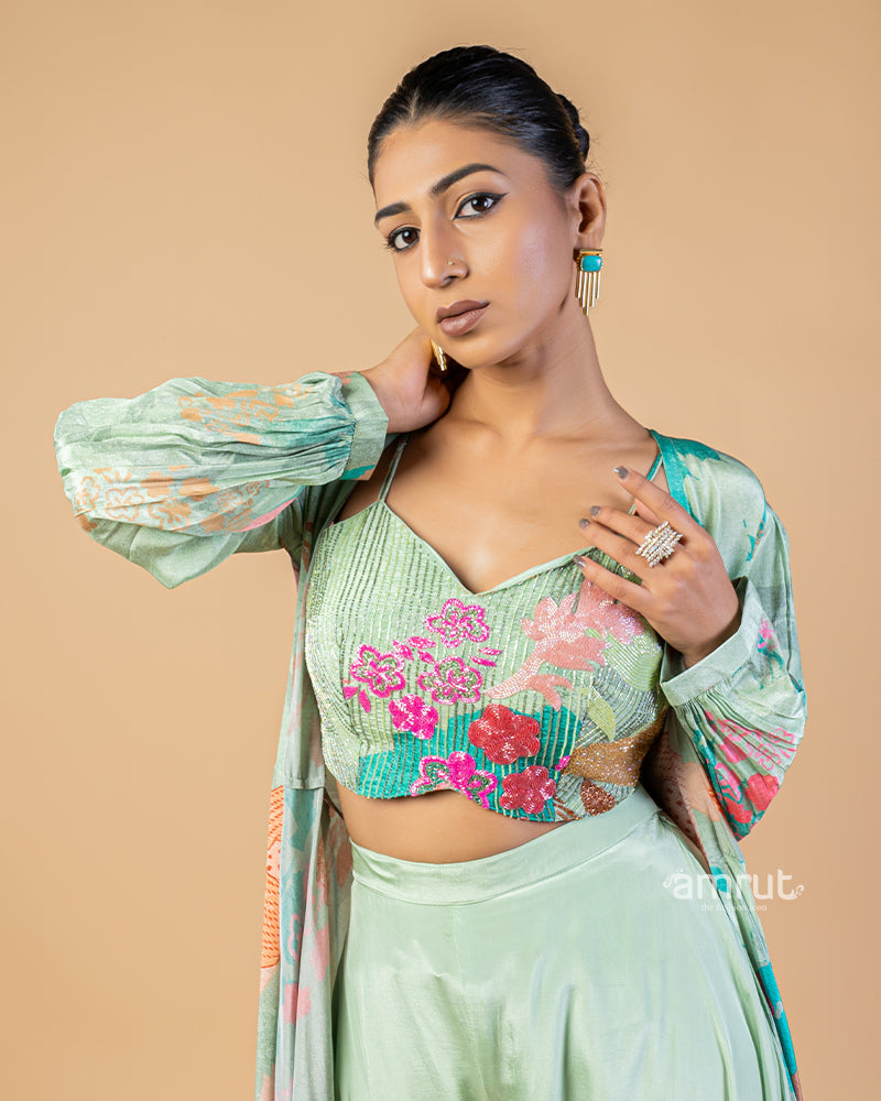 Hazel Green Satin Silk Crop Top Palazzo