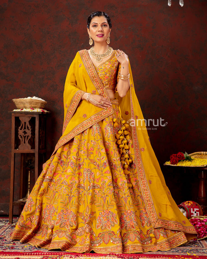 Honey Yellow Floral Hand Embroidered Lehenga Set