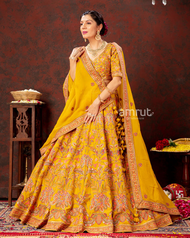 Honey Yellow Floral Hand Embroidered Lehenga Set