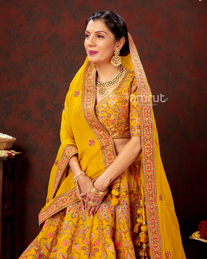 Honey Yellow Floral Hand Embroidered Lehenga Set