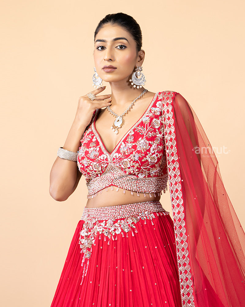 Hot Red Hand Embellished Chiffon Lehenga Choli with Net Dupatta