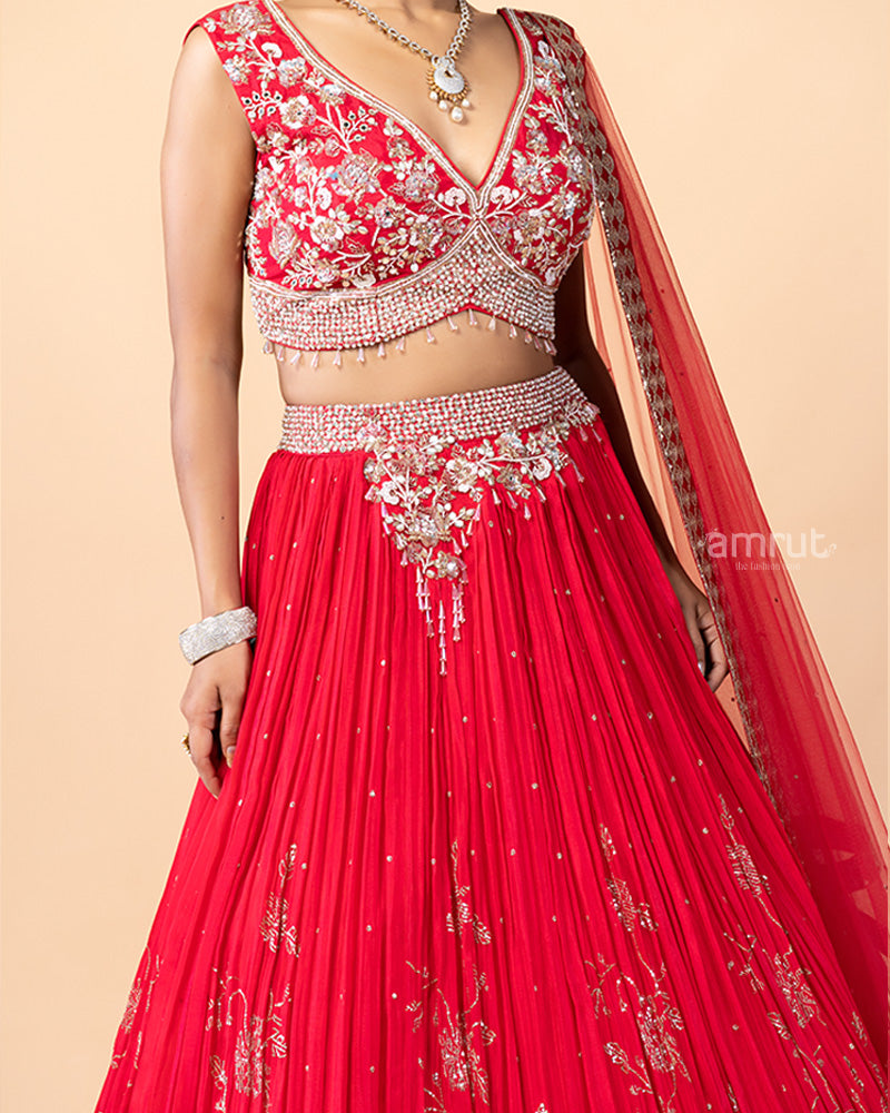 Hot Red Hand Embellished Chiffon Lehenga Choli with Net Dupatta