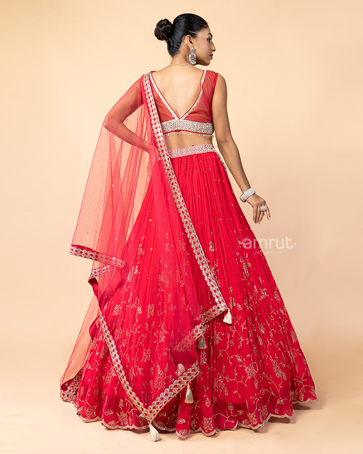 Hot Red Hand Embellished Chiffon Lehenga Choli with Net Dupatta