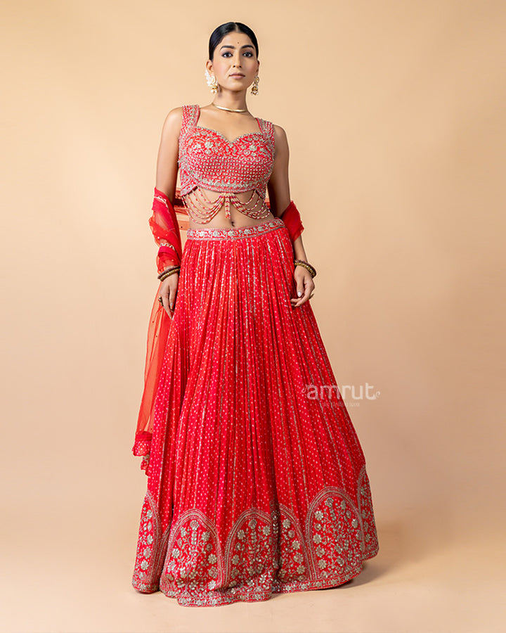 Hot Red Lehenga Choli Inflated with Sequins Work and Dupatta