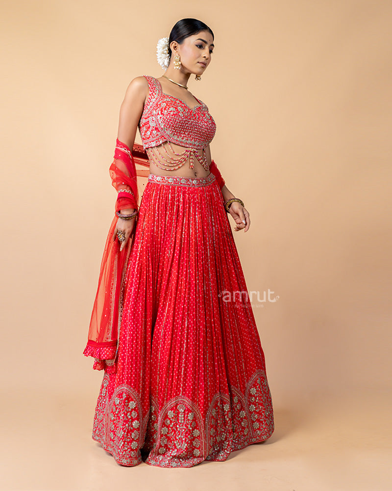 Hot Red Lehenga Choli Inflated with Sequins Work and Dupatta