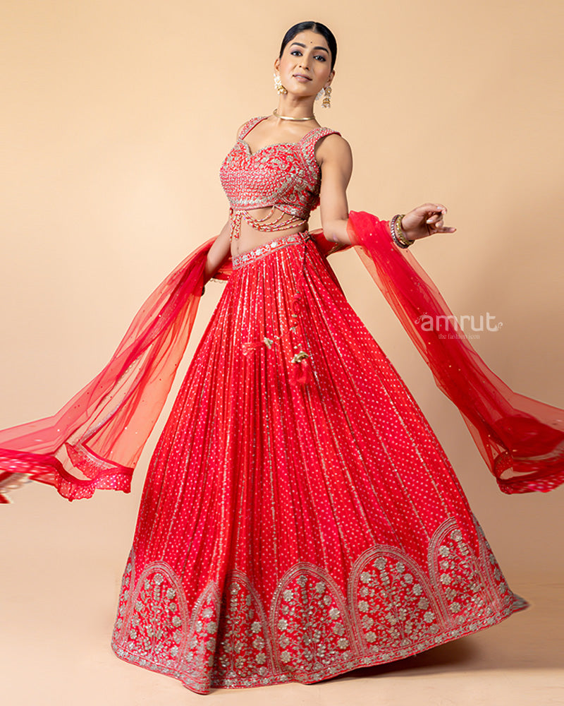 Hot Red Lehenga Choli Inflated with Sequins Work and Dupatta