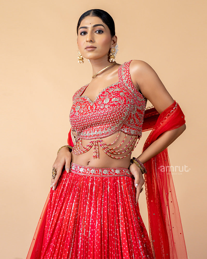 Hot Red Lehenga Choli Inflated with Sequins Work and Dupatta