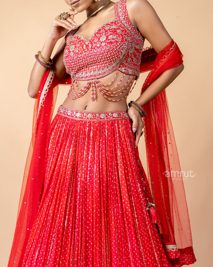 Hot Red Lehenga Choli Inflated with Sequins Work and Dupatta