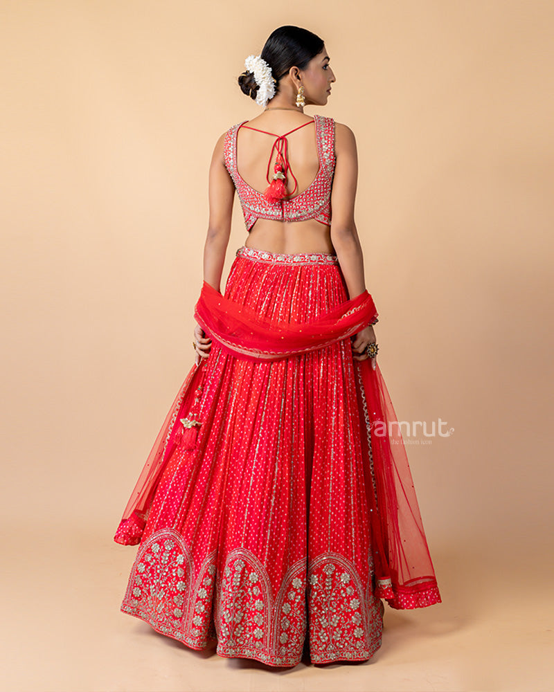 Hot Red Lehenga Choli Inflated with Sequins Work and Dupatta