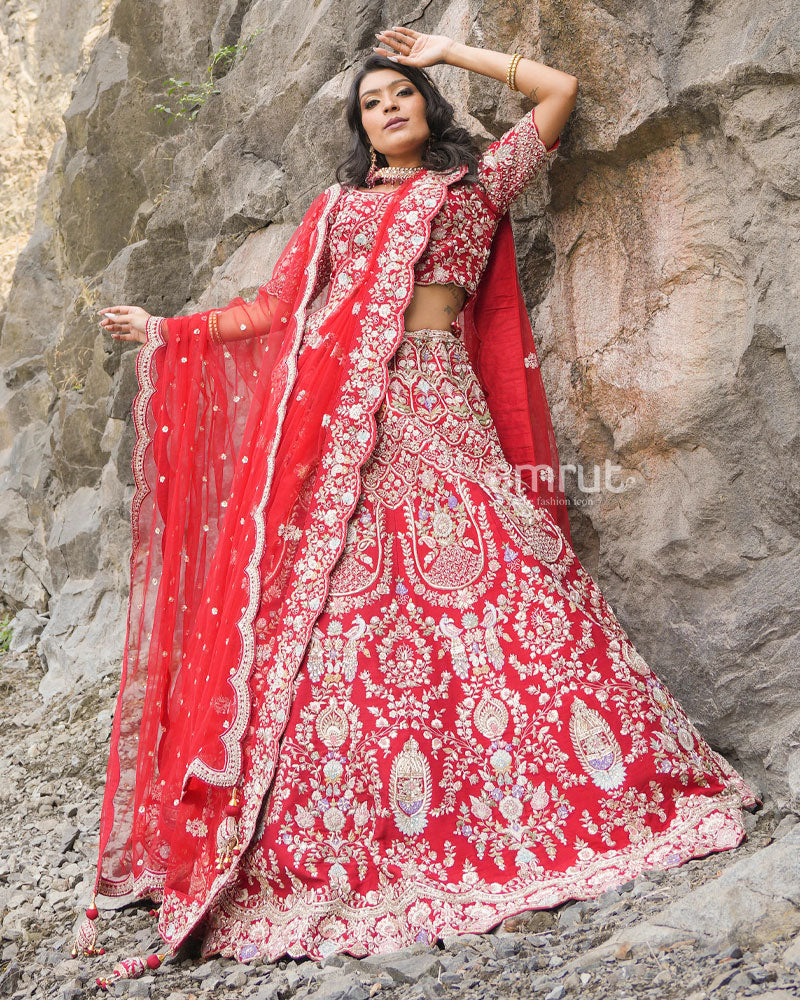 Hot Red Lehenga Choli in Raw Silk Zardozi Embroidered Floral Jaal and Paired With Net Dupatta