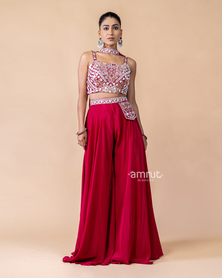 Hot Red Palazzo and Crop Top Set with Net Dupatta