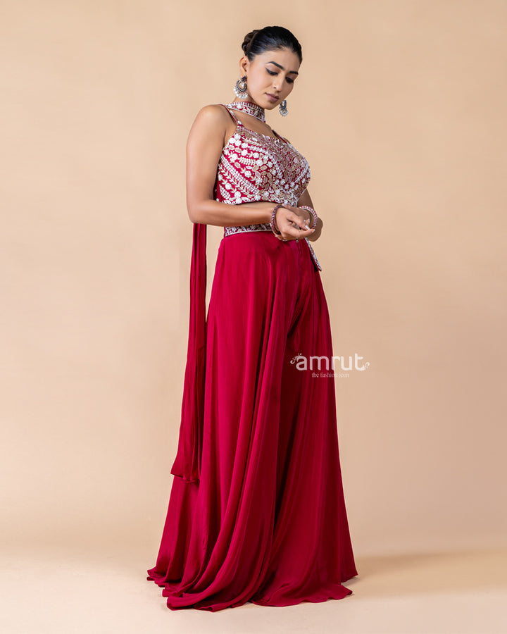 Hot Red Palazzo and Crop Top Set with Net Dupatta