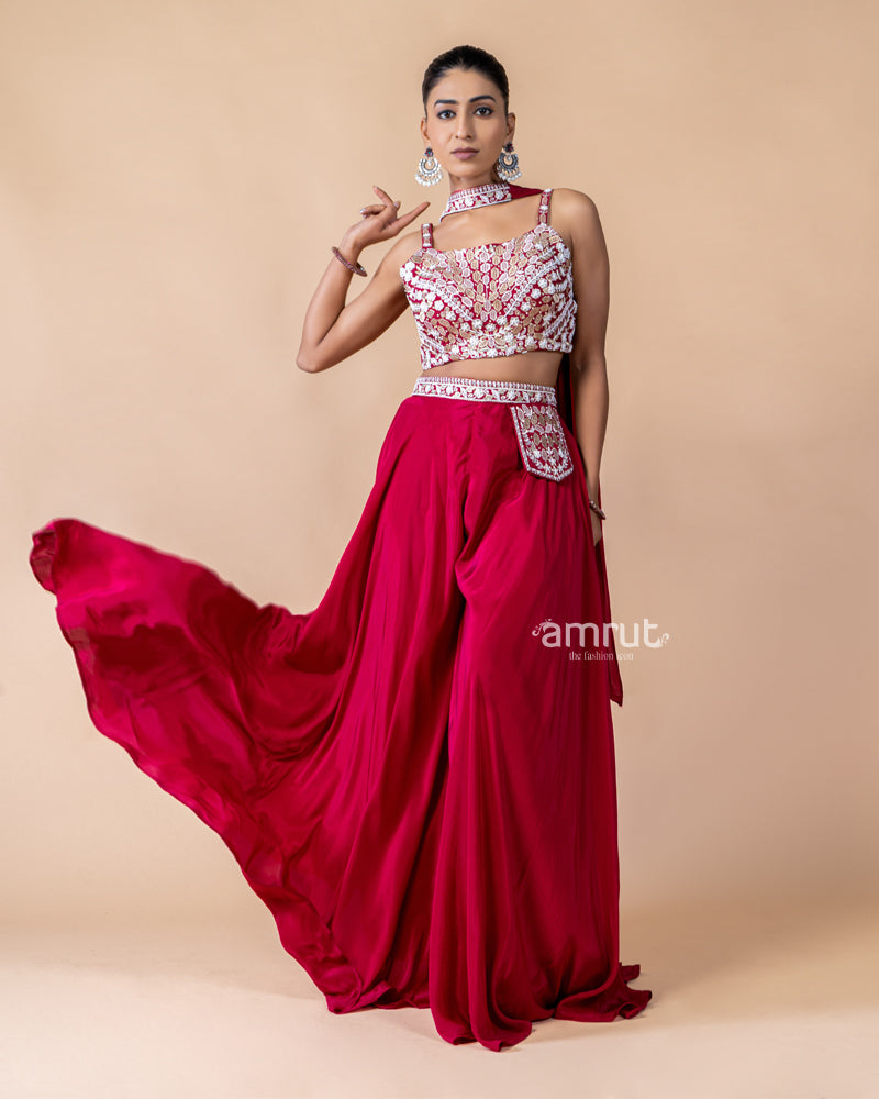 Hot Red Palazzo and Crop Top Set with Net Dupatta