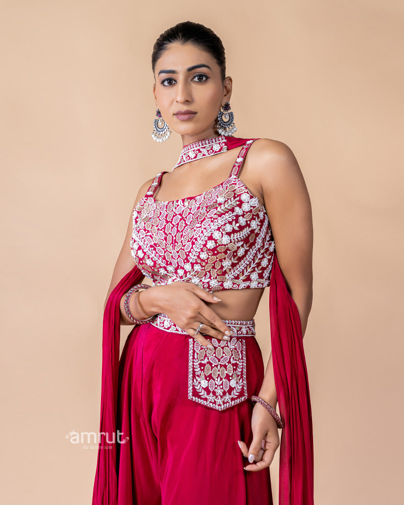 Hot Red Palazzo and Crop Top Set with Net Dupatta