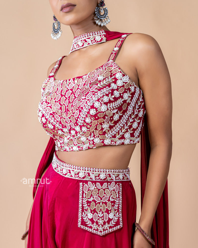 Hot Red Palazzo and Crop Top Set with Net Dupatta