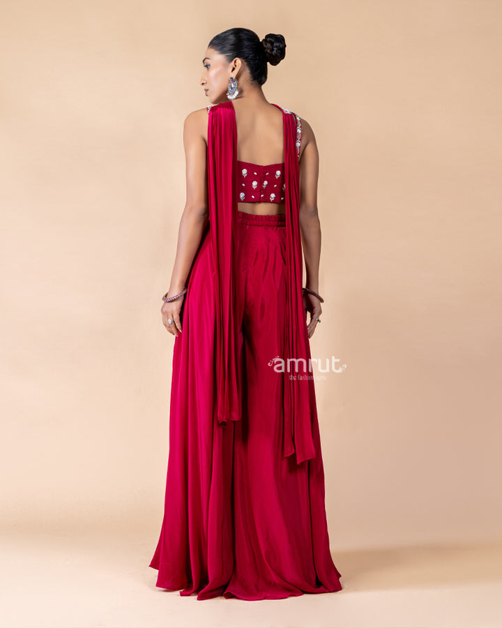 Hot Red Palazzo and Crop Top Set with Net Dupatta