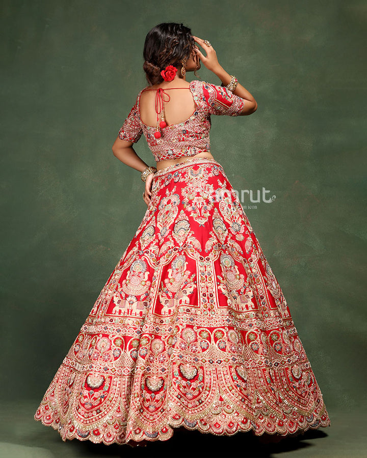 Hot Red Unstitched Bridal Lehenga Choli With Dupatta