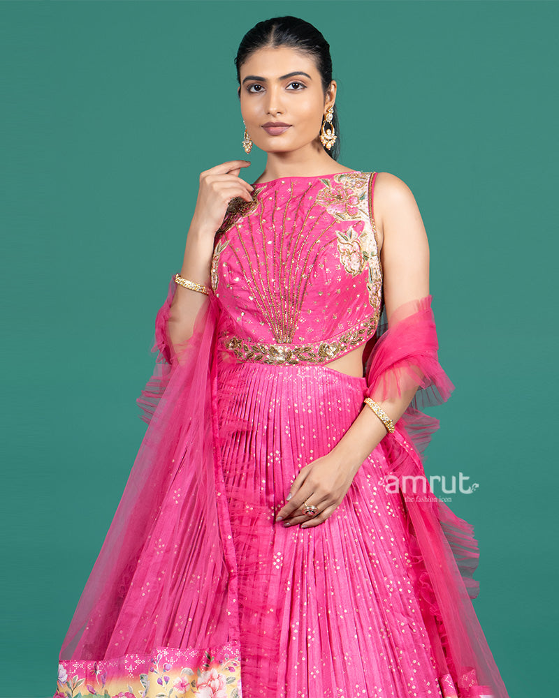 Hot Pink Embroidered Gown with Floral Printed and Dupatta 02