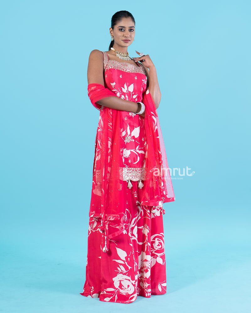 Hot Pink Floral Embroidered Salwar Kameez with Sheer Dupatta 01