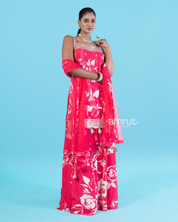 Hot Pink Floral Embroidered Salwar Kameez with Sheer Dupatta 01