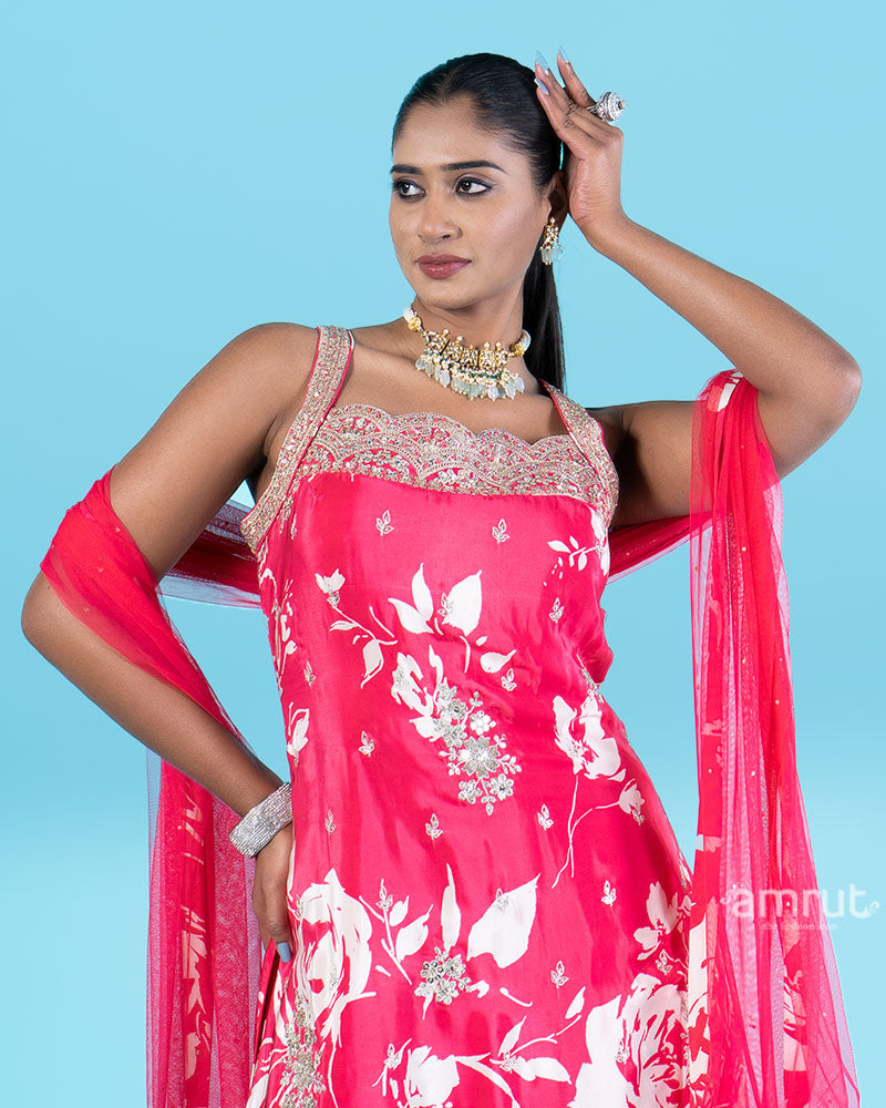 Hot Pink Floral Embroidered Salwar Kameez with Sheer Dupatta 02