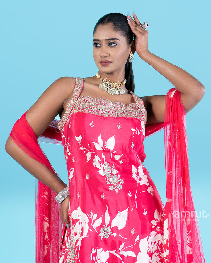 Hot Pink Floral Embroidered Salwar Kameez with Sheer Dupatta 02