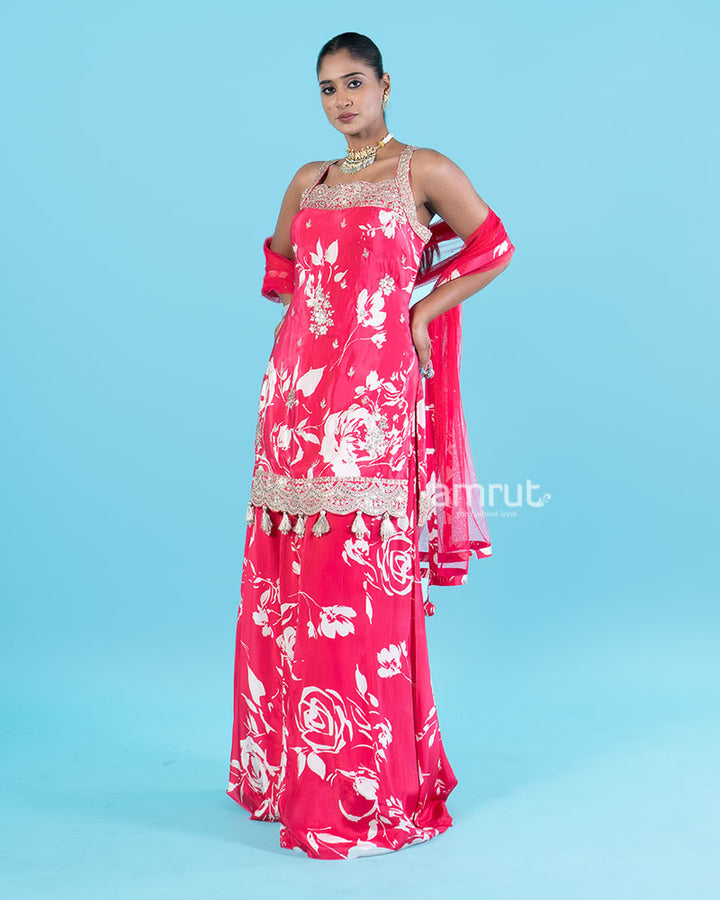 Hot Pink Floral Embroidered Salwar Kameez with Sheer Dupatta 04