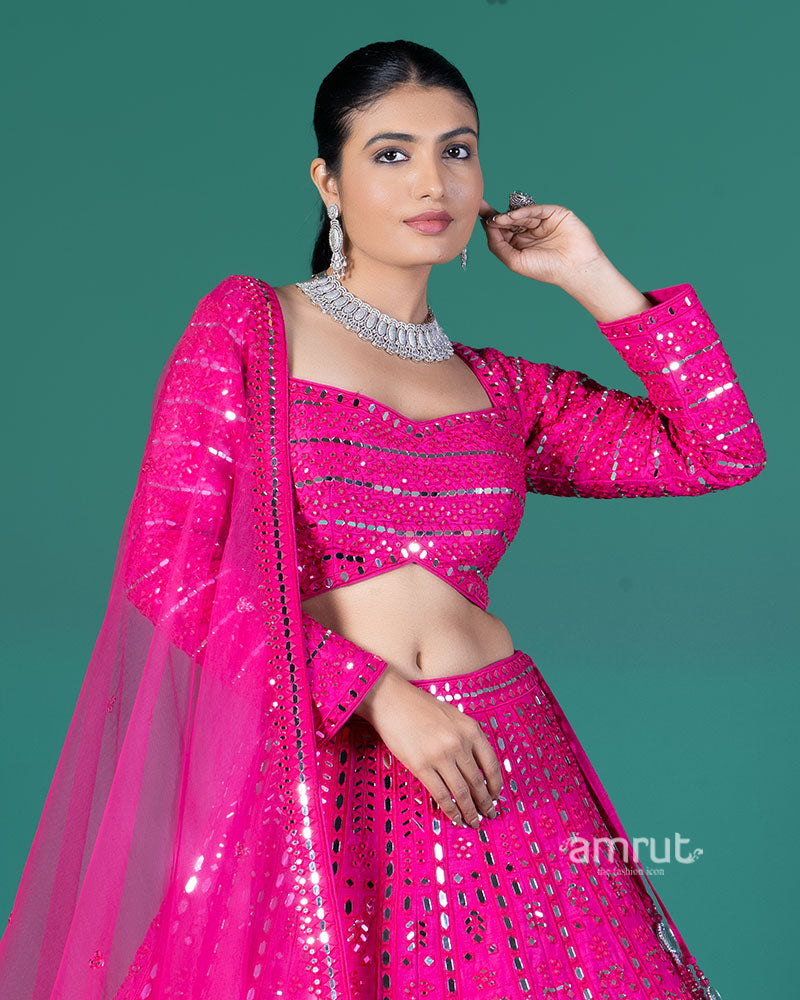 Hot Pink Mirror Embellished Lehenga Choli with Dupatta 02