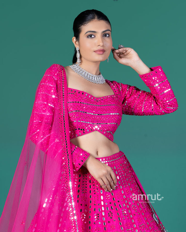 Hot Pink Mirror Embellished Lehenga Choli with Dupatta 02