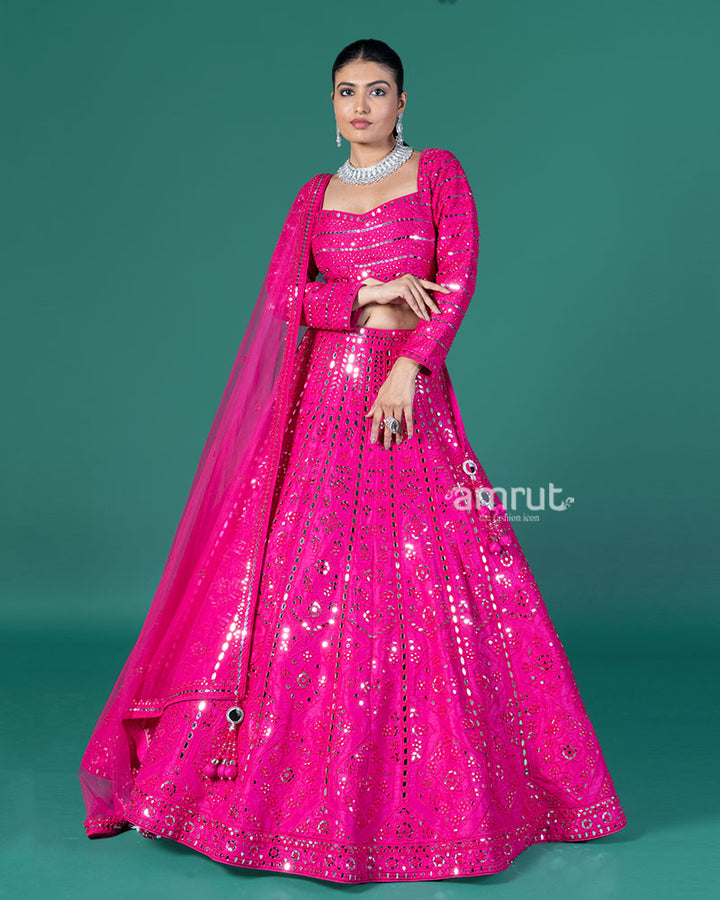 Hot Pink Mirror Embellished Lehenga Choli with Dupatta 04