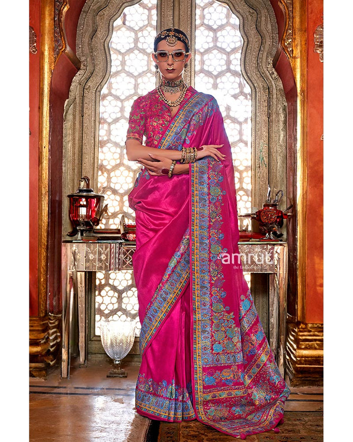 Hot Pink Pashmina Silk Saree with Delicate Floral Print Border 01