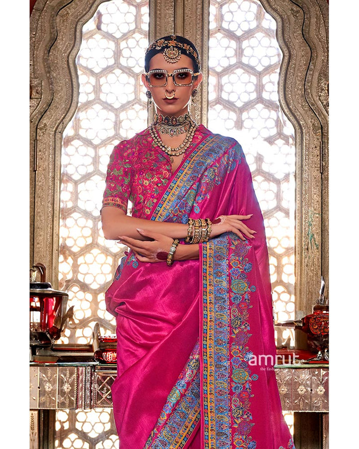 Hot Pink Pashmina Silk Saree with Delicate Floral Print Border 02
