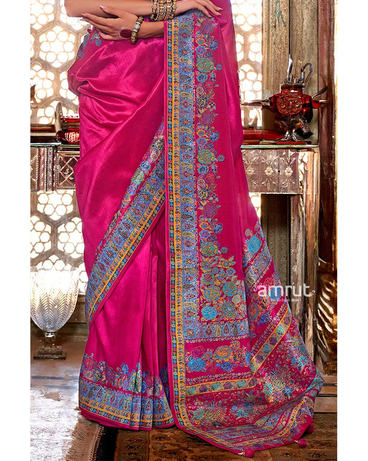 Hot Pink Pashmina Silk Saree with Delicate Floral Print Border 03