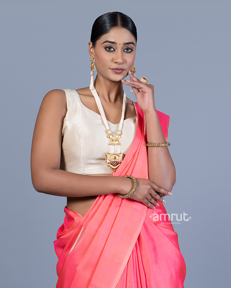 Hot Pink Saree with Golden Zari Woven Pattern with Unstitched Blouse 02