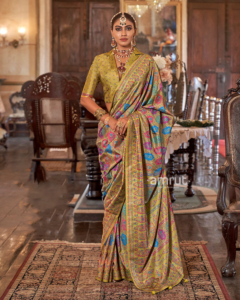 Husk Yellow with Multicolored Printed Saree and Unstitched Blouse 01