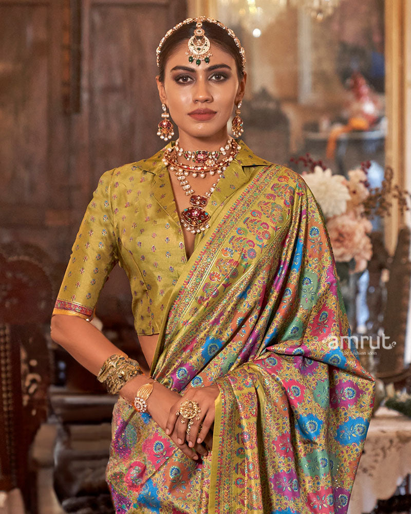 Husk Yellow with Multicolored Printed Saree and Unstitched Blouse 02