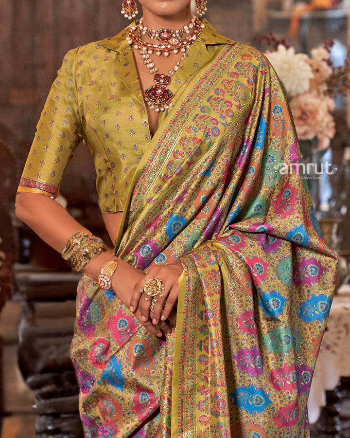 Husk Yellow with Multicolored Printed Saree and Unstitched Blouse 03