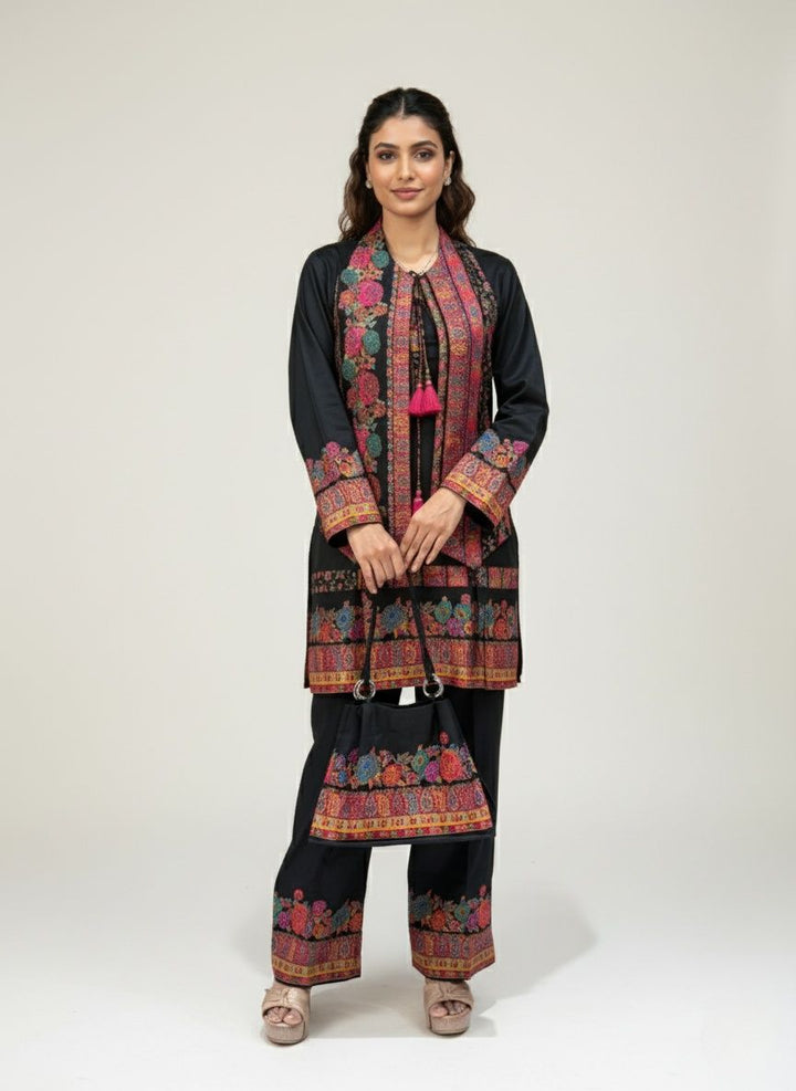 Black Kashmiri Embroidered Suit Set with Matching Bag