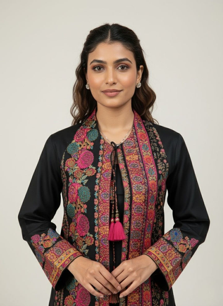 Black Kashmiri Embroidered Suit Set with Matching Bag