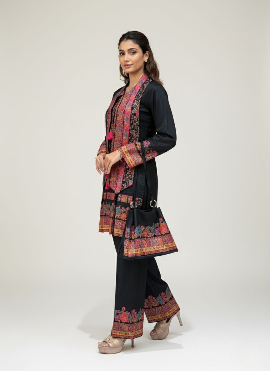 Black Kashmiri Embroidered Suit Set with Matching Bag
