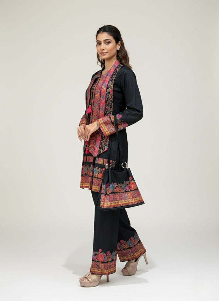 Black Kashmiri Embroidered Suit Set with Matching Bag