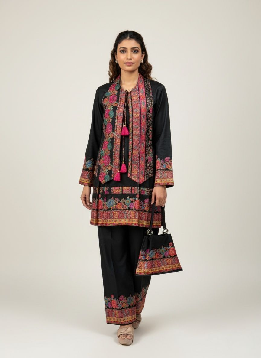 Black Kashmiri Embroidered Suit Set with Matching Bag