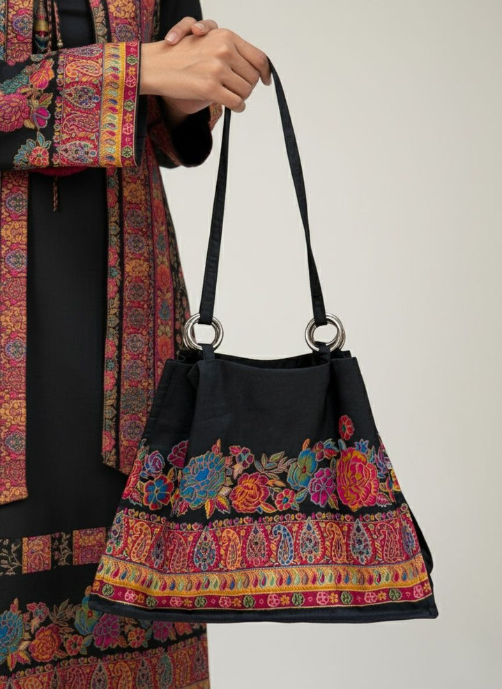 Black Kashmiri Embroidered Suit Set with Matching Bag