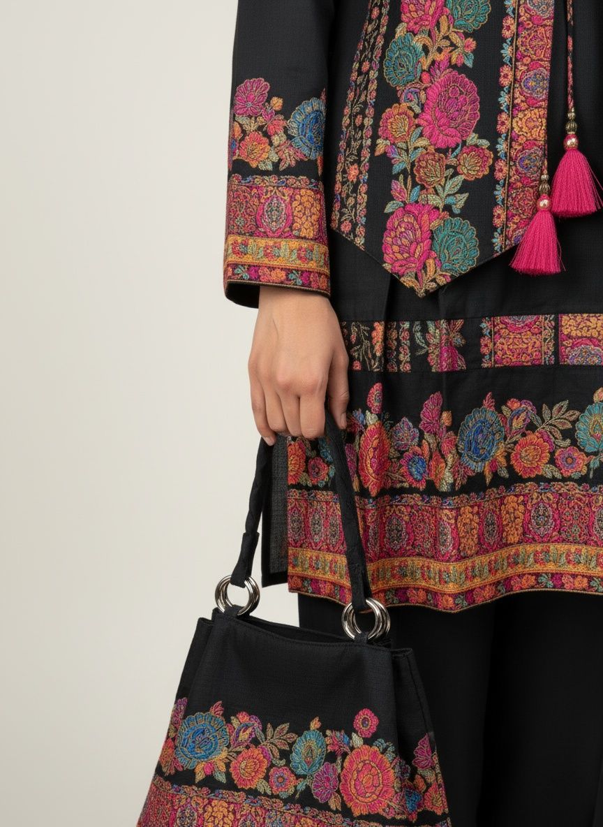 Black Kashmiri Embroidered Suit Set with Matching Bag